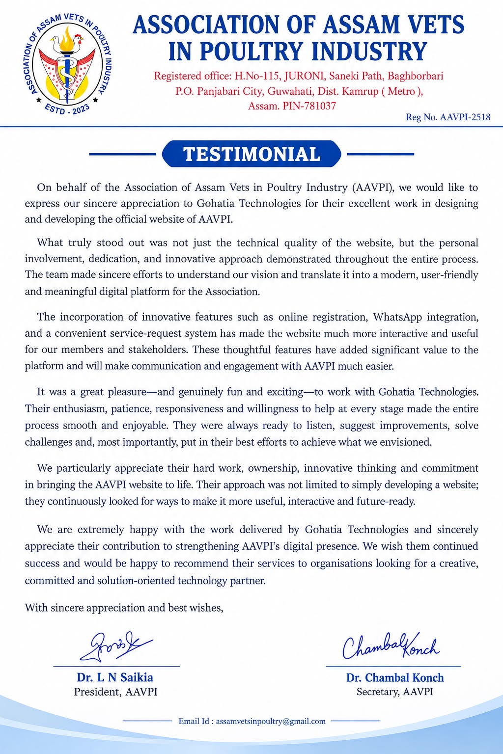 Testimonial certificate from Association of Assam Vets in Poultry Industry